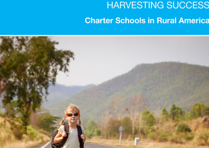 A little girl wearing red sunglasses walks down a road with her backpack on